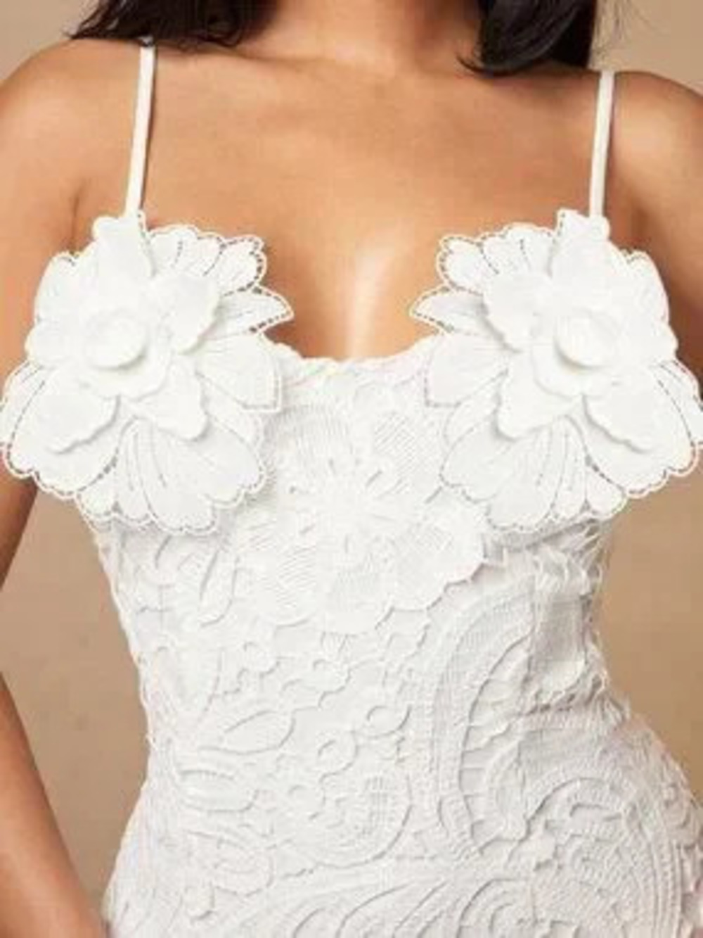 Beige Elegant Women's 3D Floral Spaghetti Strap Cold Shoulder Long Slip Dress